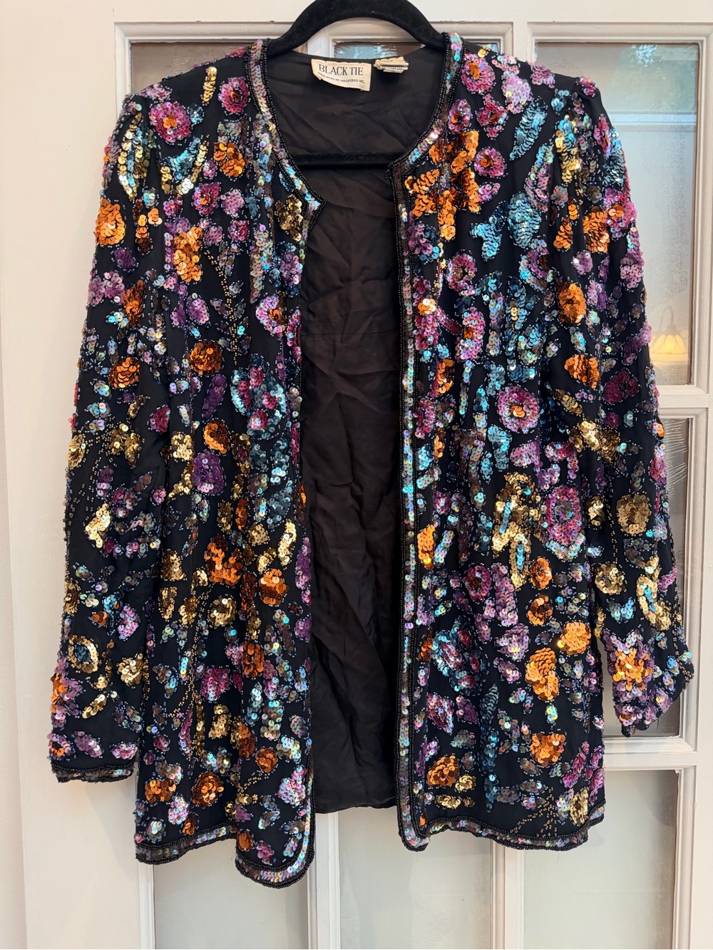 Vintage Black Tie Formal Beaded Sequin Floral 100% Silk Jacket 1980’s Size S